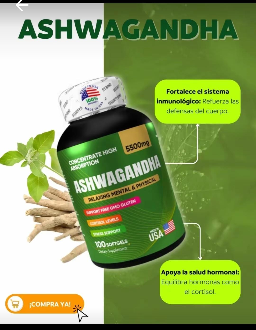 Cápsulas de Ashwagandha KSM-66 y raíz de Withania Somnifera
